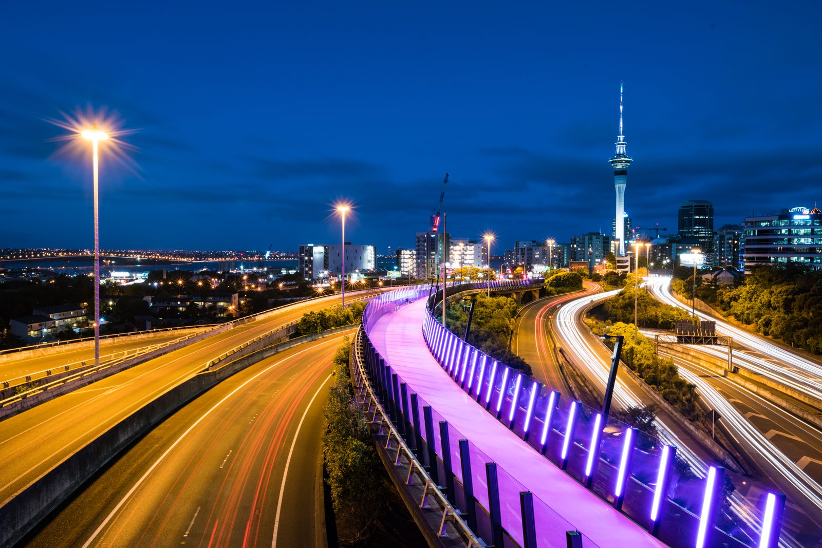 Auckland motorways at dusk with streaks of traffic light, a pink-lit cycleway curving between them and the Sky Tower on the skyline
